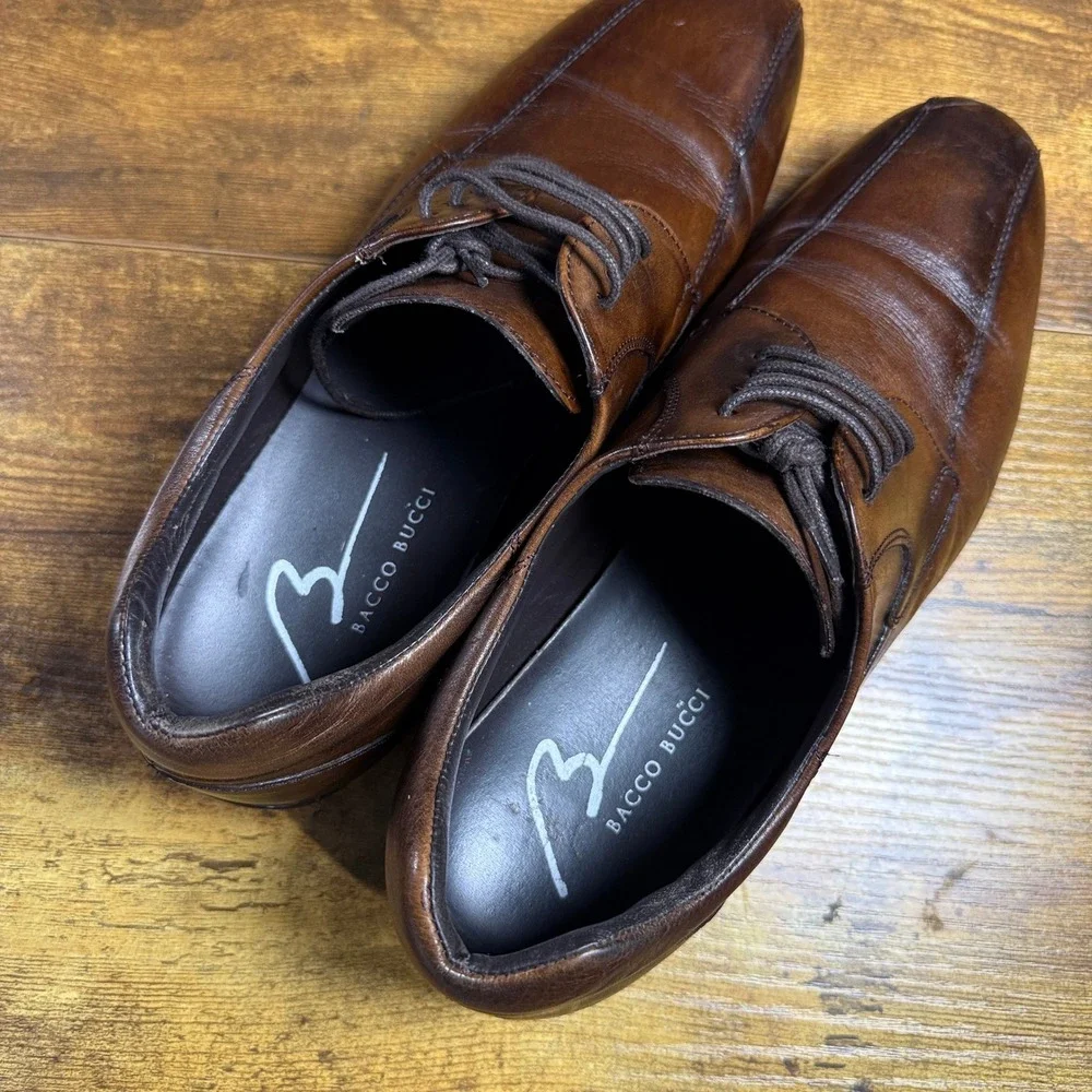 Bacco Bucci Bicycle Toe Brown Leather Derby Dress Shoes Mens 9.5